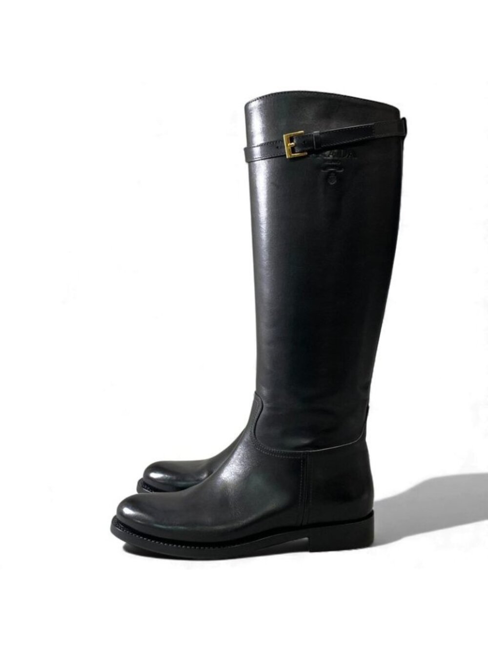Prada Embossed Logo Long Boots with Buckle Strap 38 Black Leather Shoes Middle - Picture 3 of 11